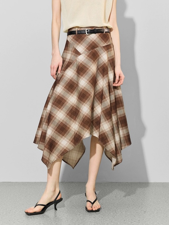 Dresses & Skirts - Plaid Handkerchief Hem Midi Skirt in Brown and Cream